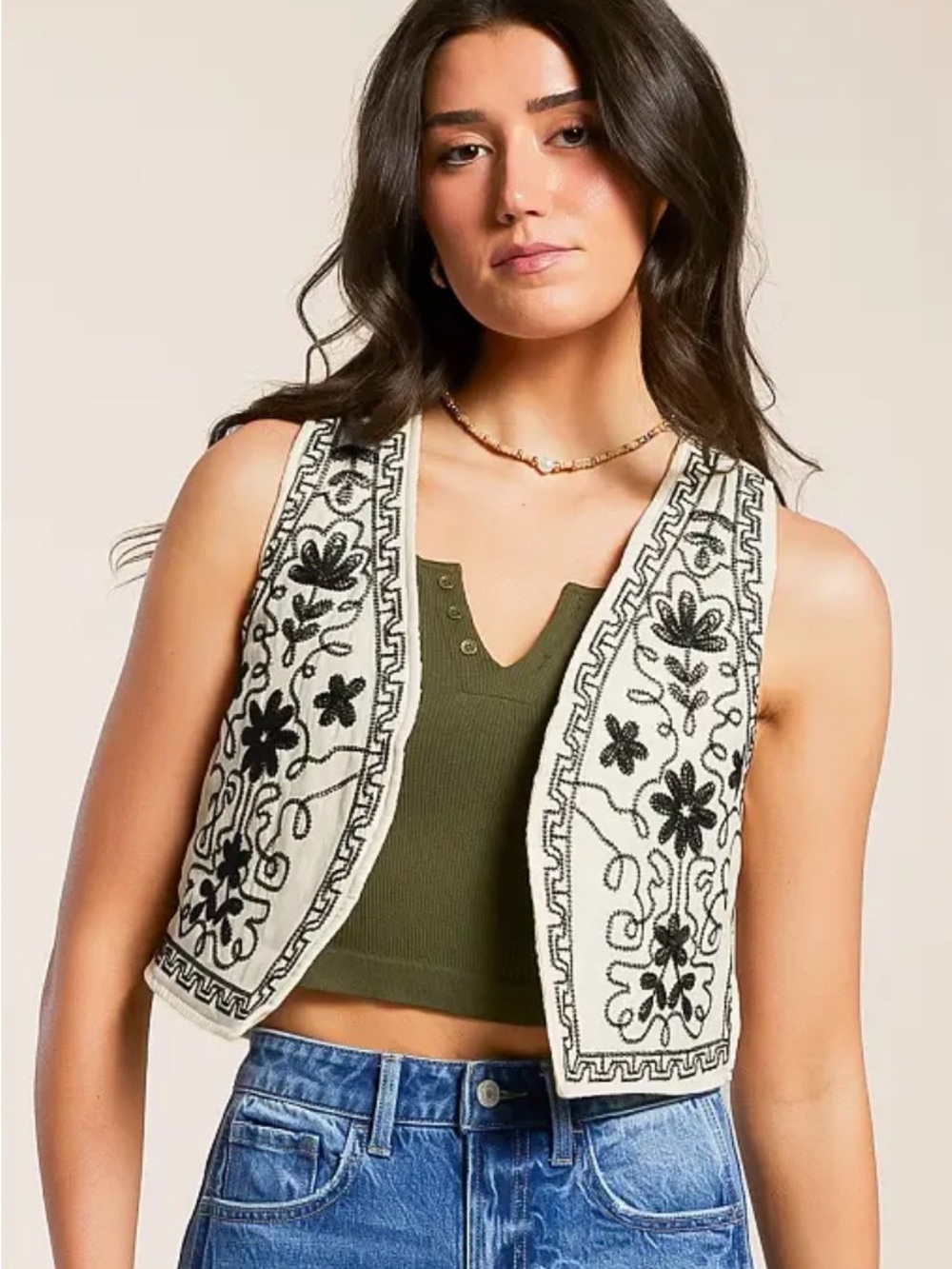 Polagram Cream Vest with Black Embroidered Floral Detail